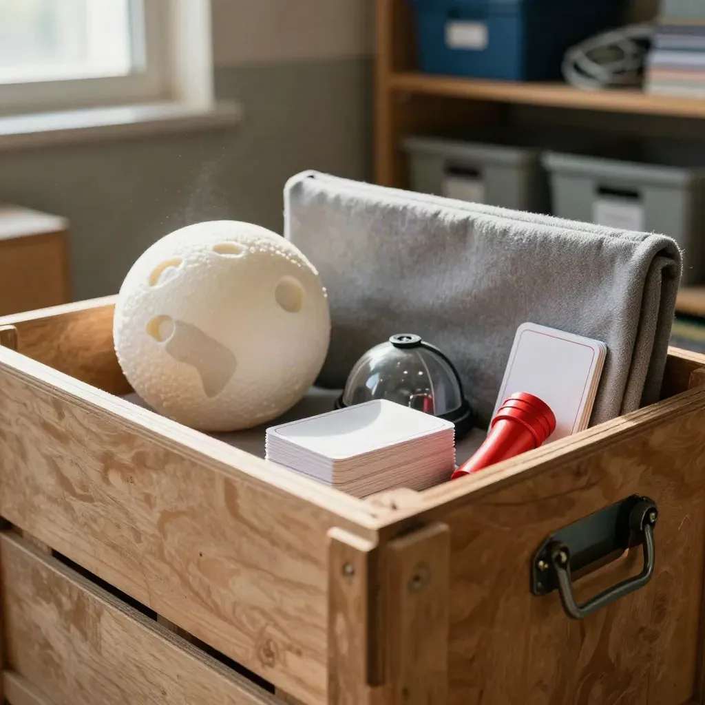 Open school outreach crate with moon model, sky dome, flashlight and flash cards in a storage room.