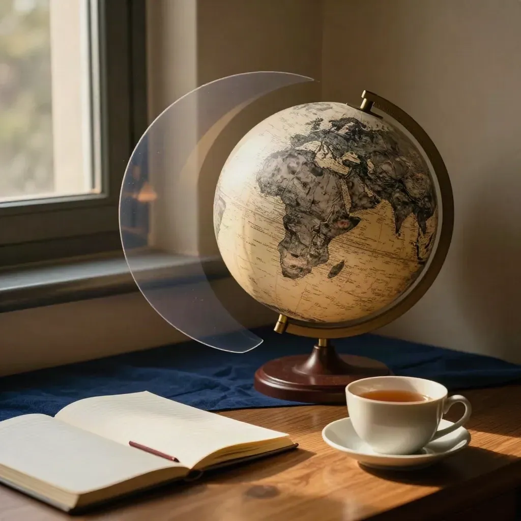 Lunar globe, acetate overlay, closed notebook and teacup on a maple desk in warm lamp light.