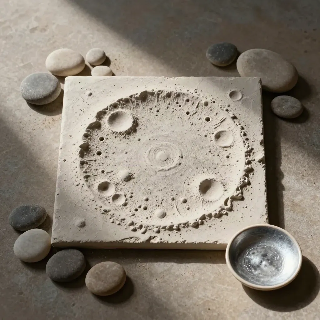 Overhead lunar crater tile, plaster study, pebbles and ceramic dish on stone tabletop.