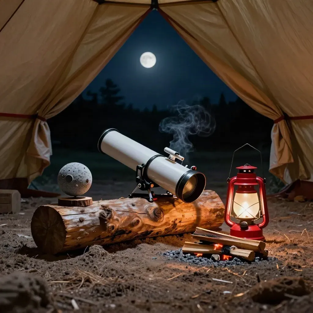 Moon camp night scene with telescope, lunar model, lantern, embers, and tent flap.