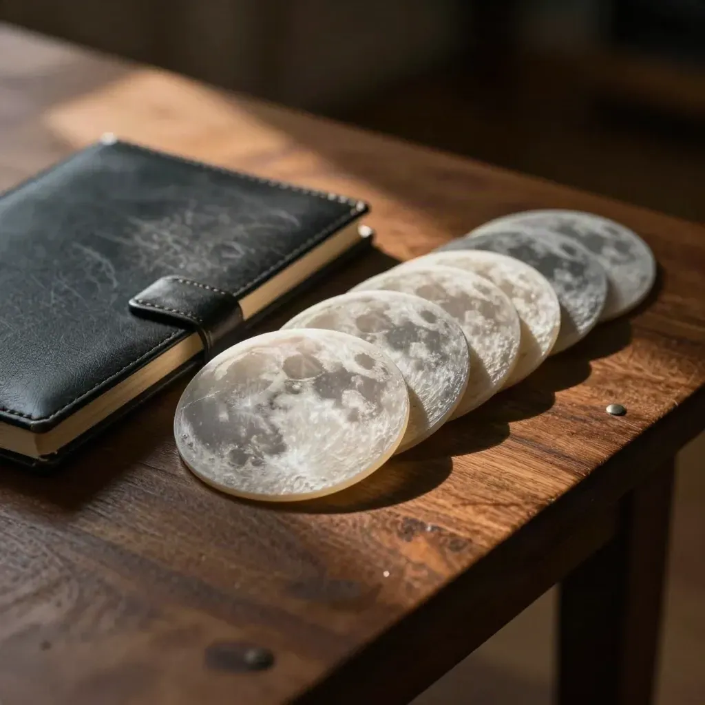 Moon phase discs beside a dark notebook on a wooden table, lit by warm late-afternoon glow.