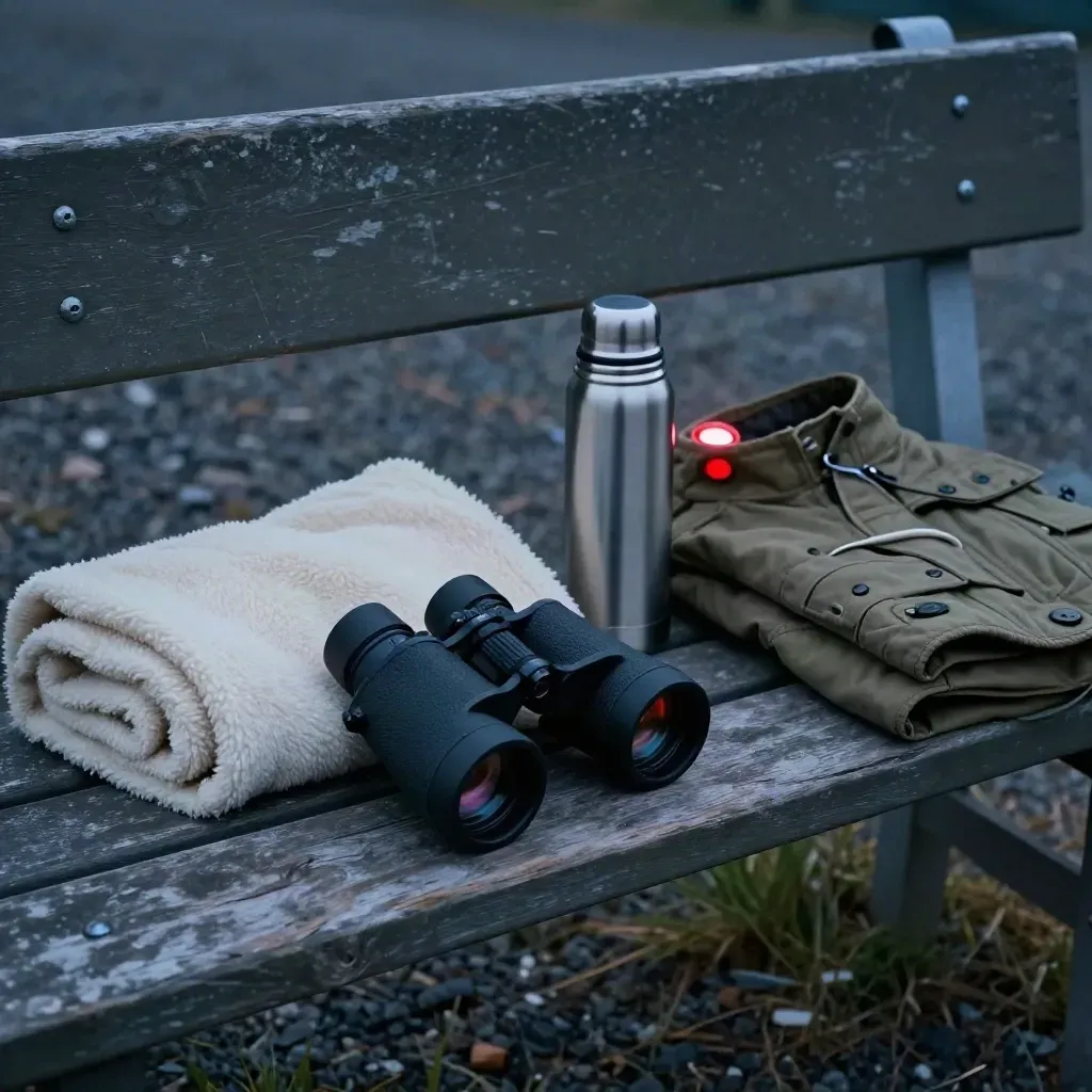 First-time stargazing kit spread across a camp bench at dusk with binoculars, blanket, thermos, red light and jacket.