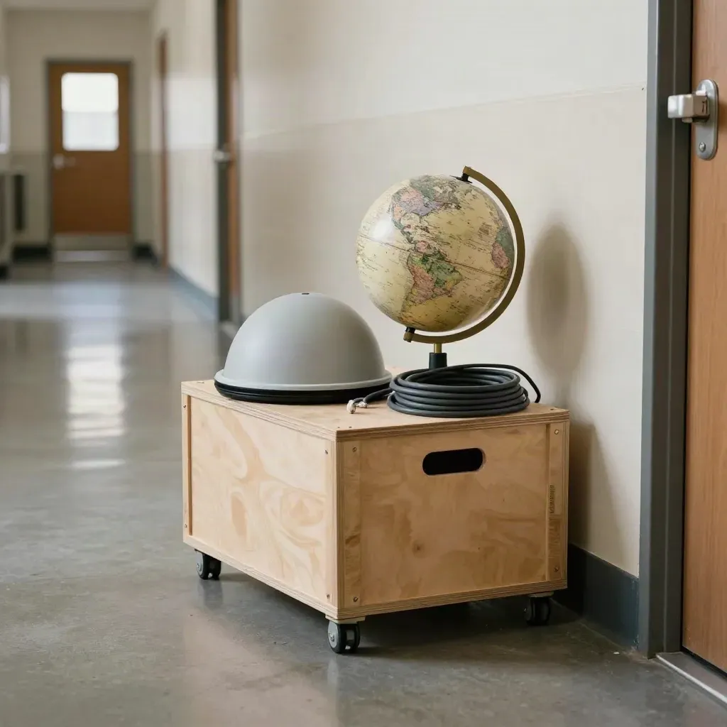 Moon outreach kit in a school hallway with globe, dome, stand, and cable coil.