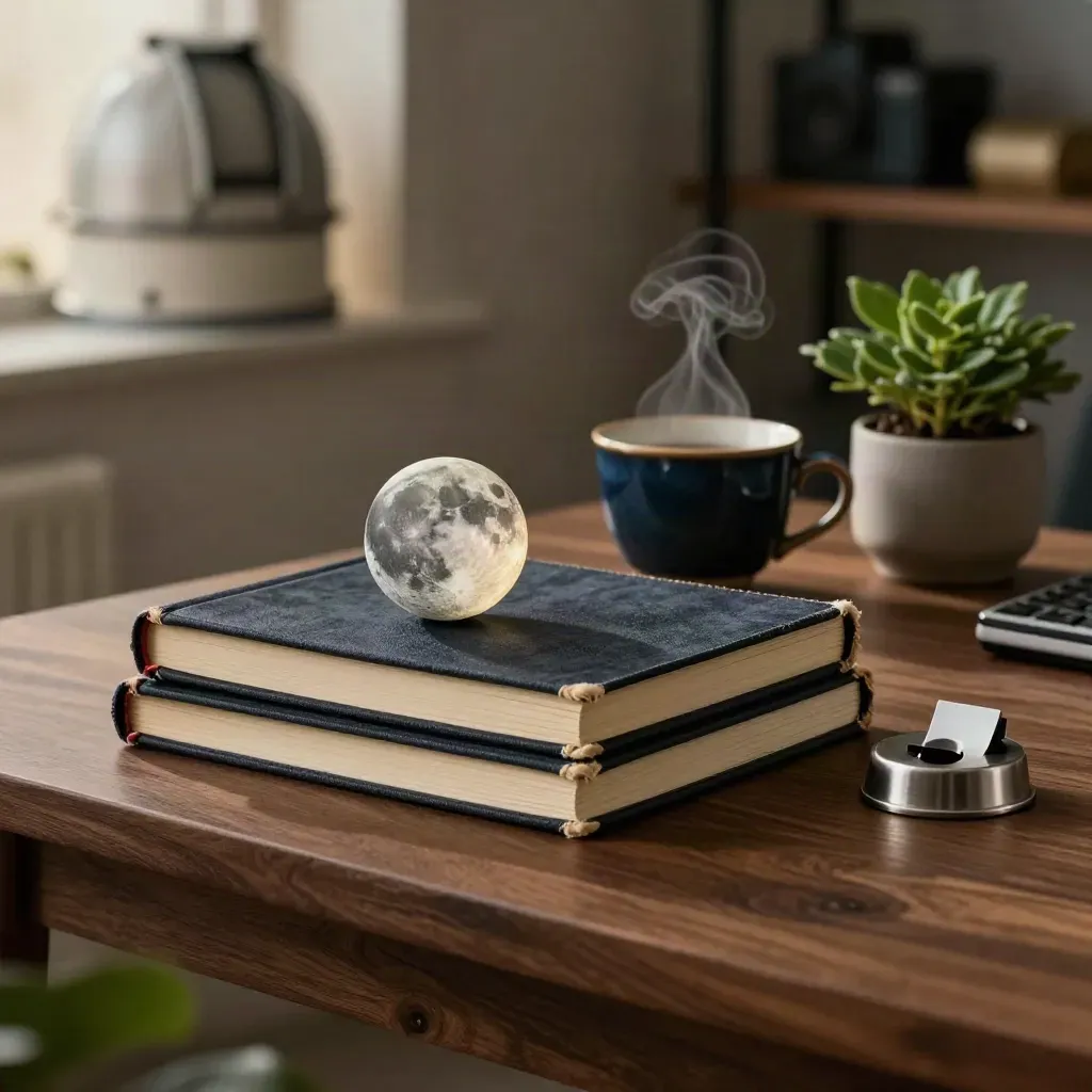 Closed journals, moon globe, tea mug, plant and paperweight on a quiet staff desk.