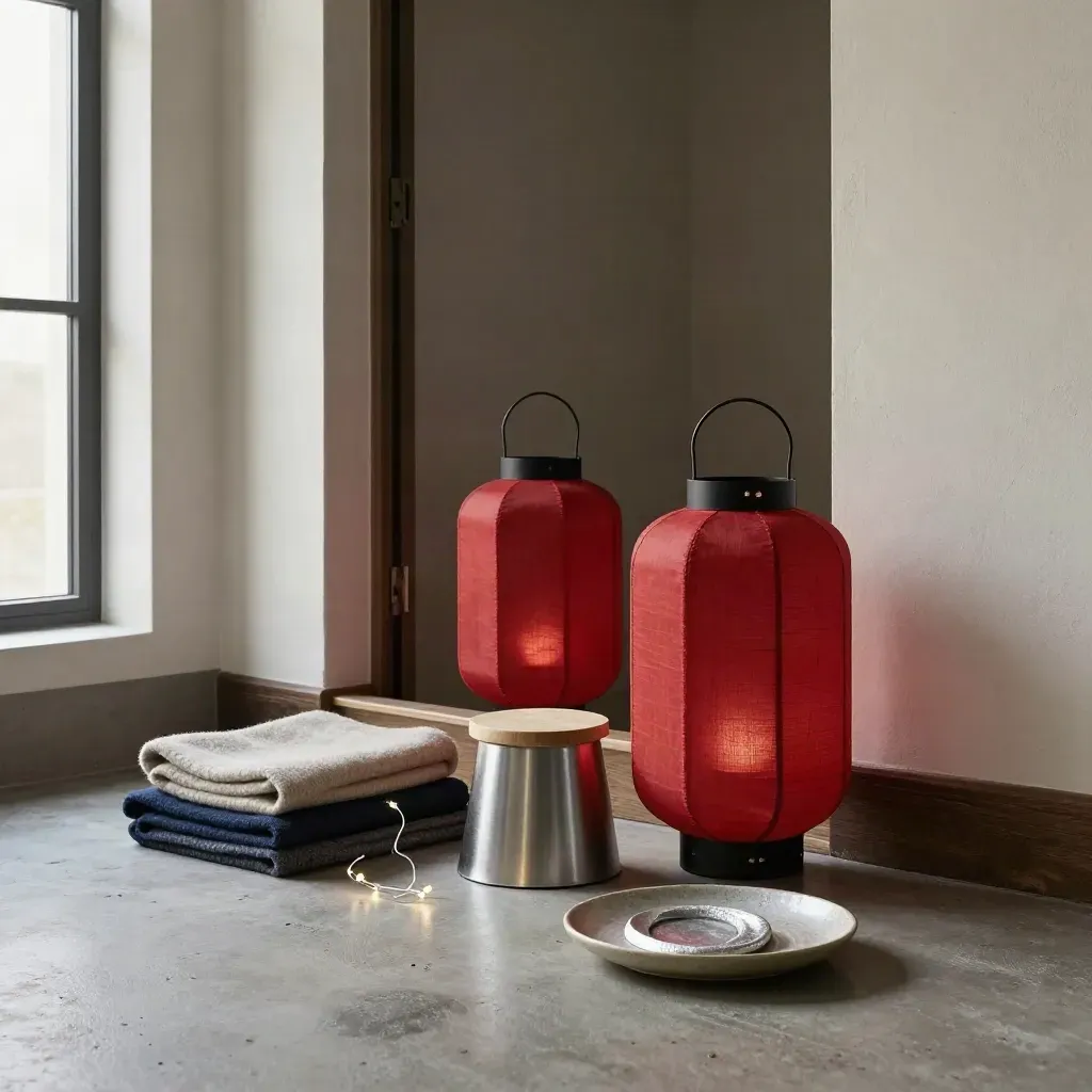 Moon Center event kit with red lanterns, stools, blankets, string lights and a moon tray by a doorway.